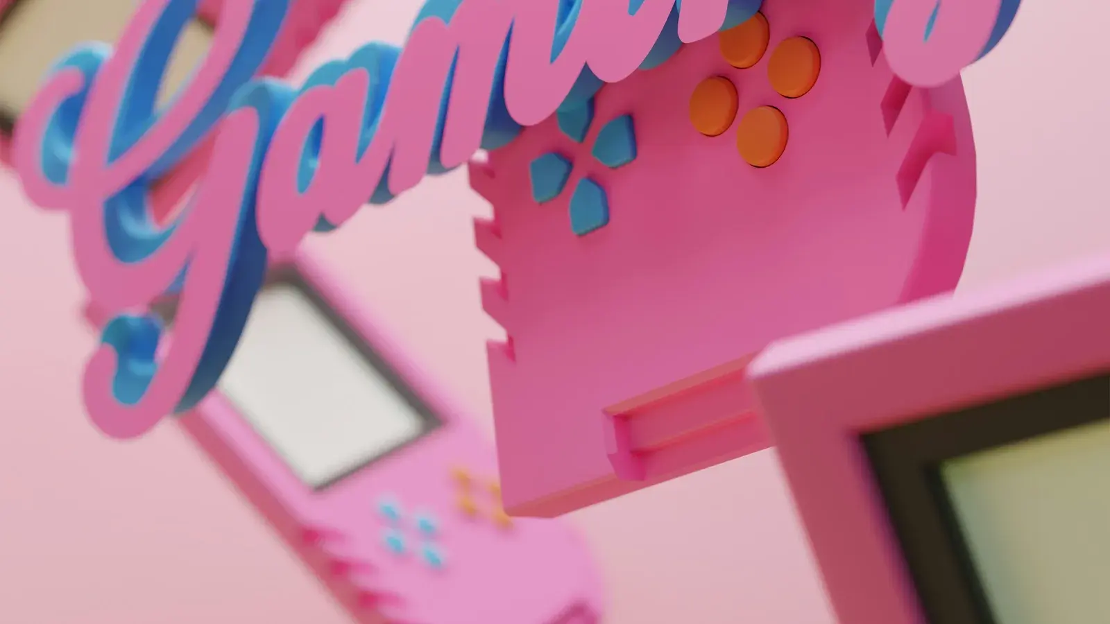 Pastel pink handheld game console beside a cursive gaming sign