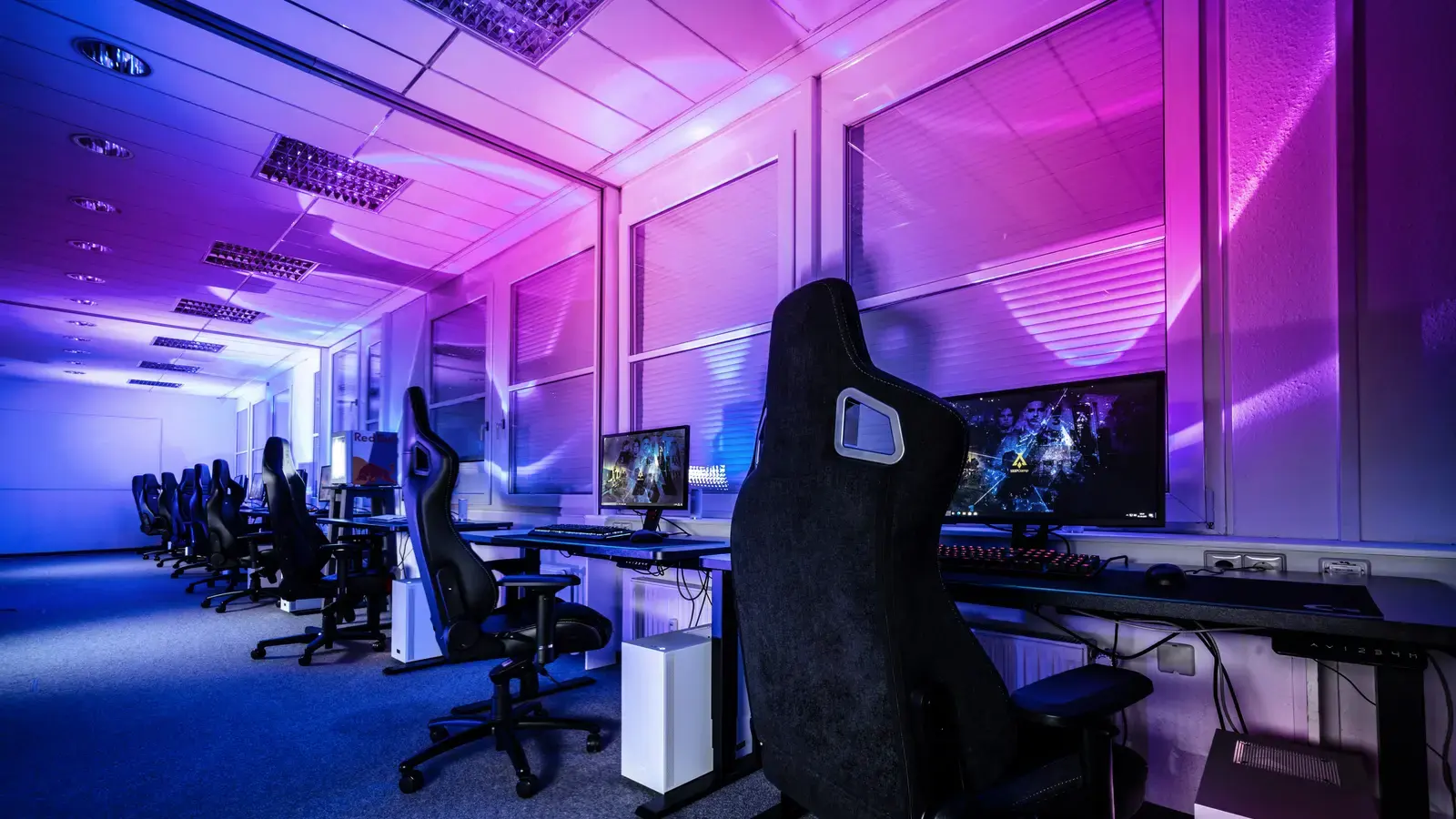 Empty esports LAN room with rows of gaming chairs under purple light