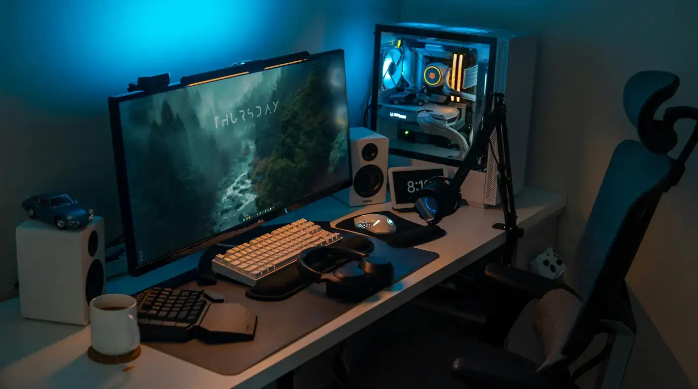 Blue-lit desk with monitor, tower PC, keyboard and a coffee mug