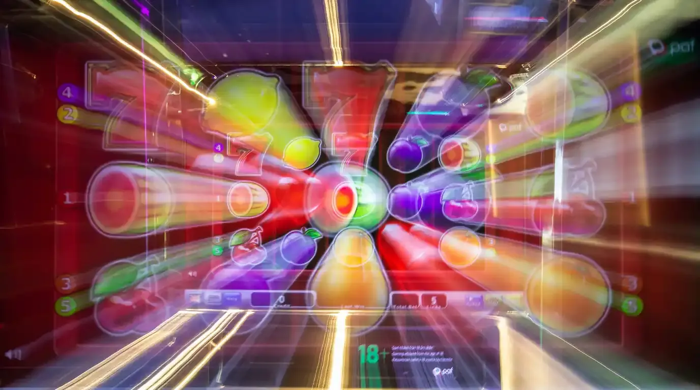Motion-blurred zoom into a bright slot machine reel display