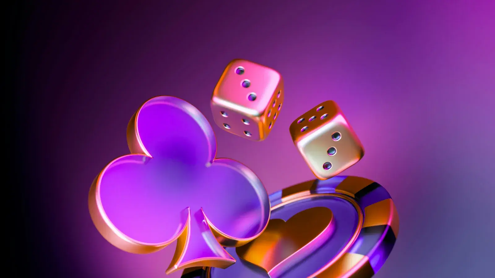 Glossy purple club symbol with tumbling dice and a heart