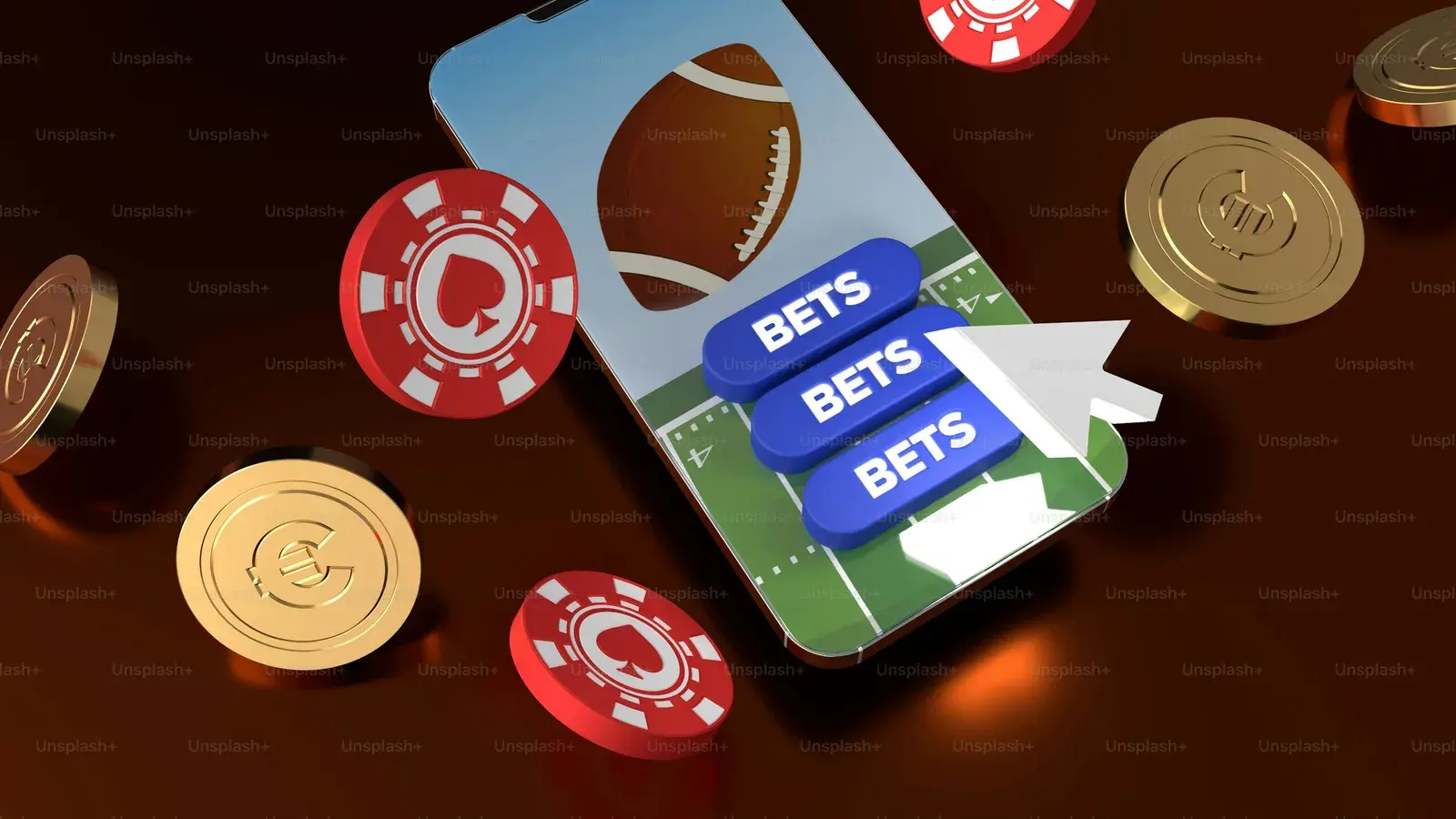 Phone showing bet slips beside chips and an American football
