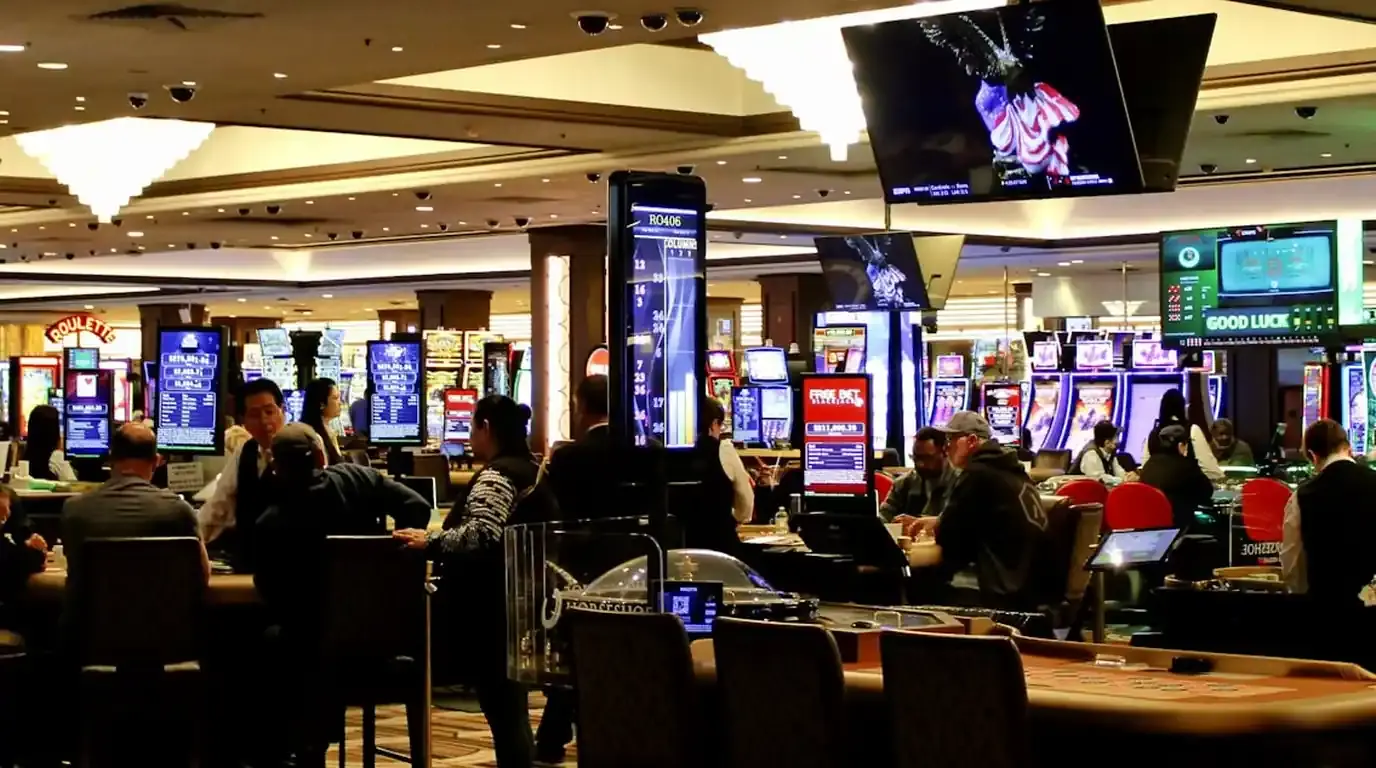 Busy casino floor with players at gaming tables and machines