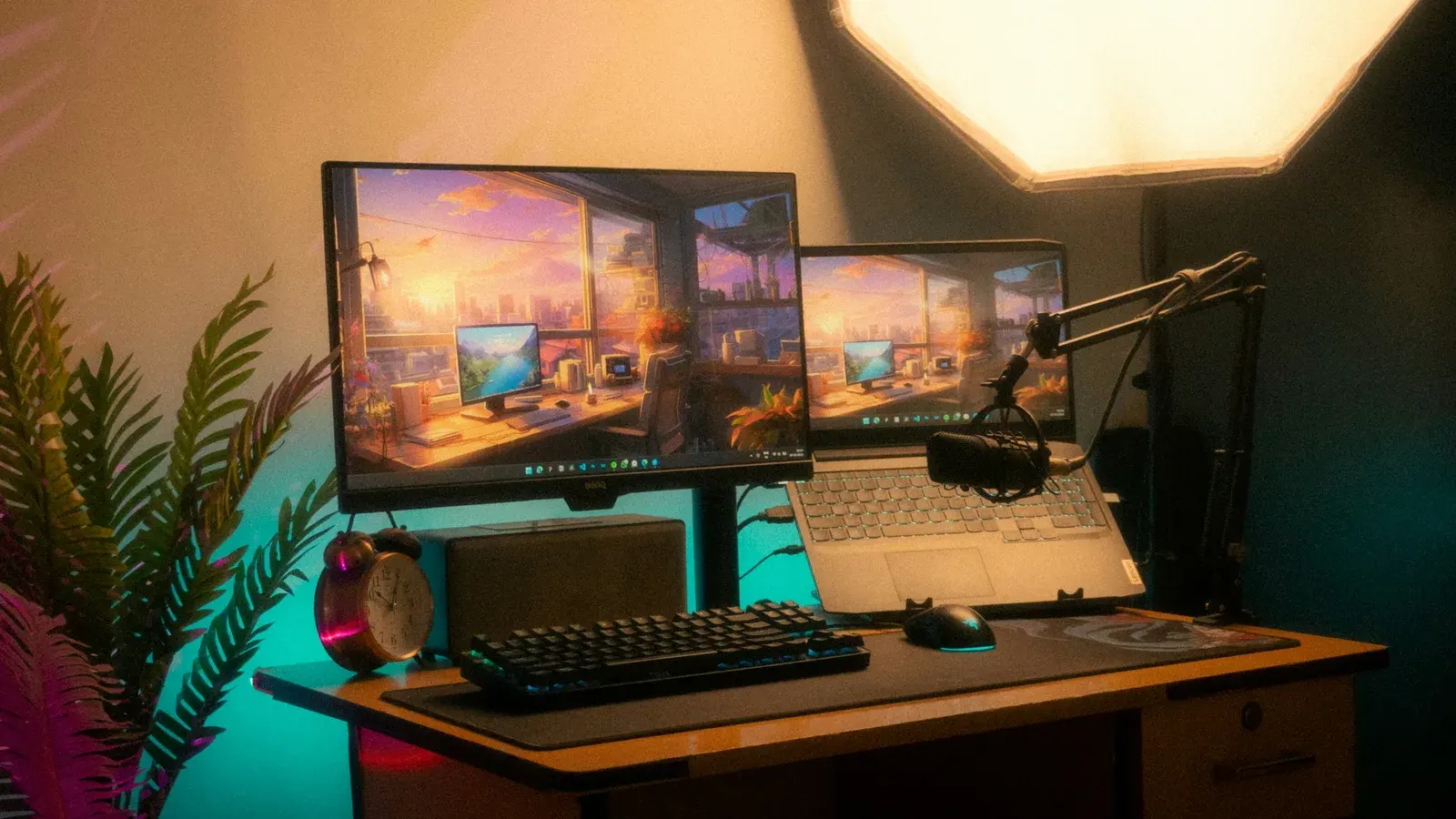 Warm-lit desk with two monitors, keyboard, mic and a plant