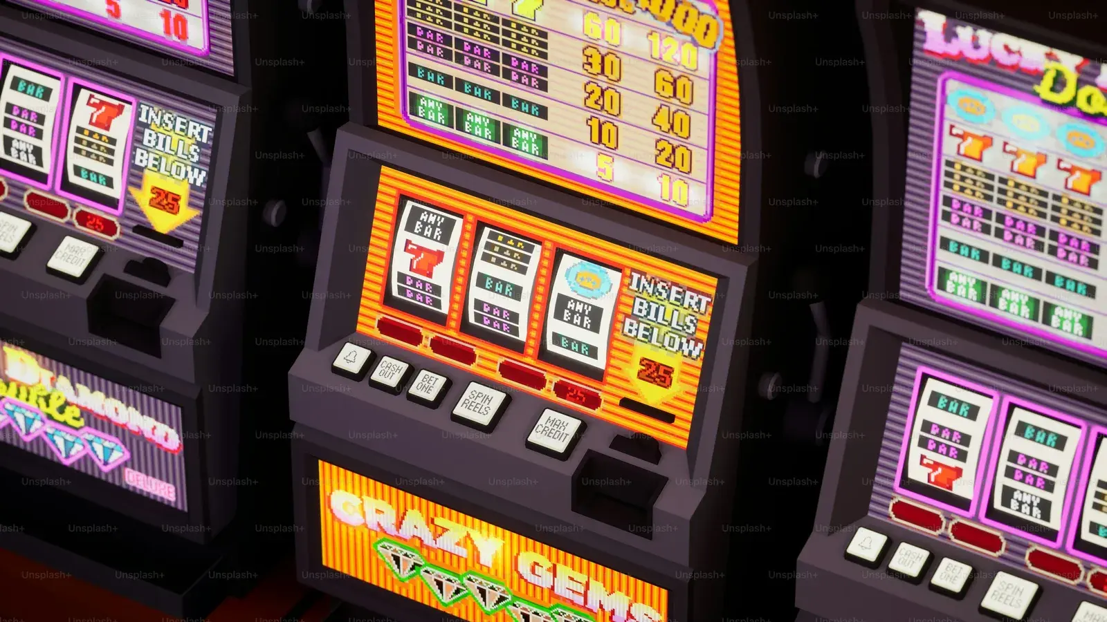 Bank of Crazy Gems slot cabinets in an arcade