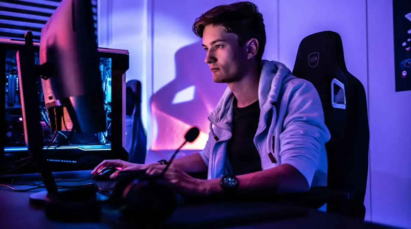 Man at a boom microphone and monitor in a purple-lit room