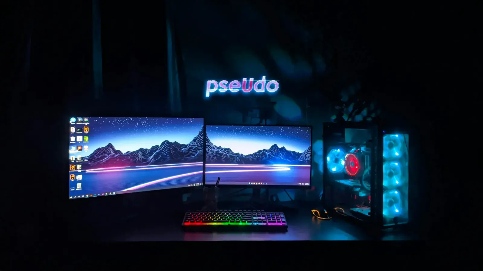 Triple-monitor desk with a rainbow keyboard and a lit tower