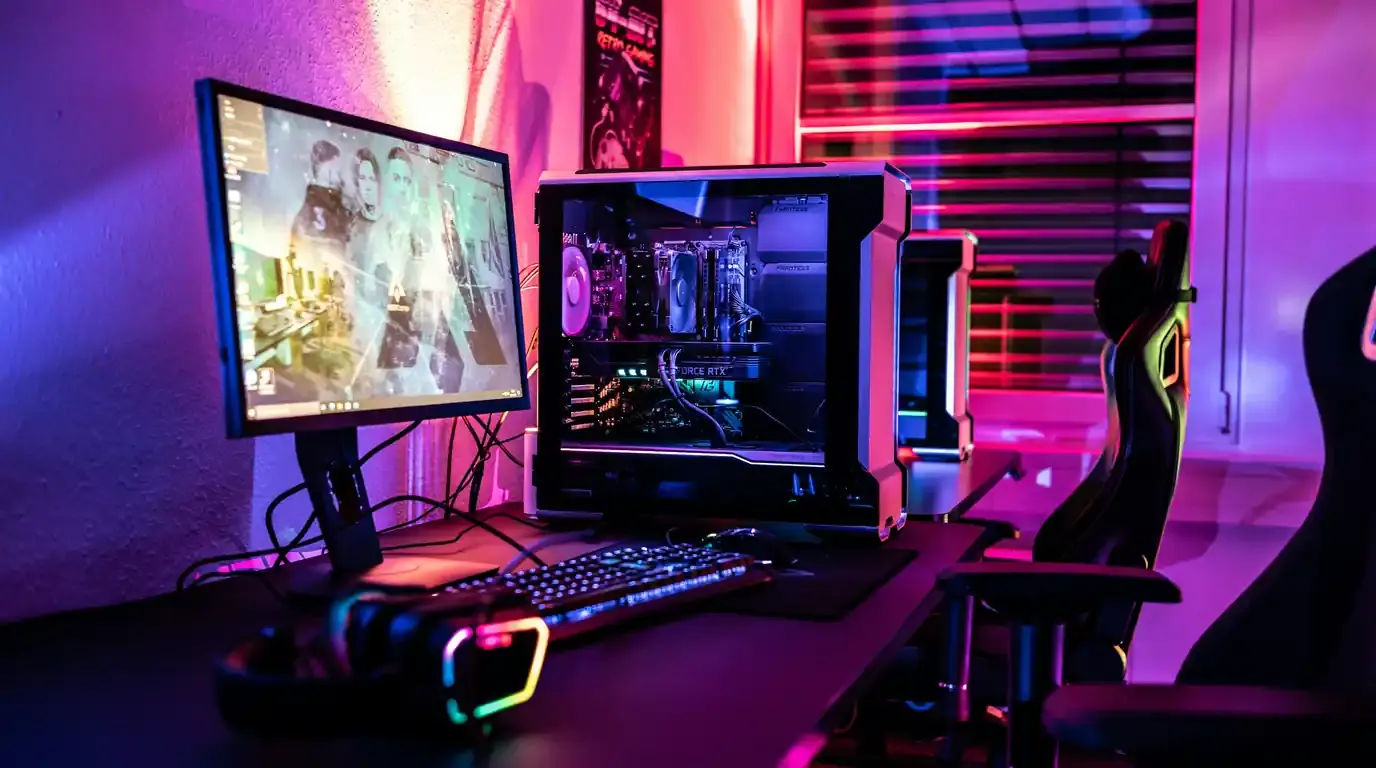 Monitor and lit tower PC beside a gaming chair and window blinds