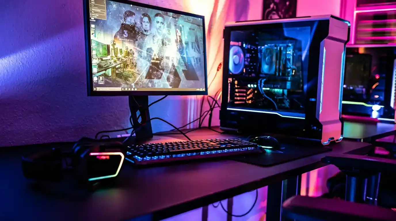 Curved monitor and glass-sided tower PC glowing on a dark desk