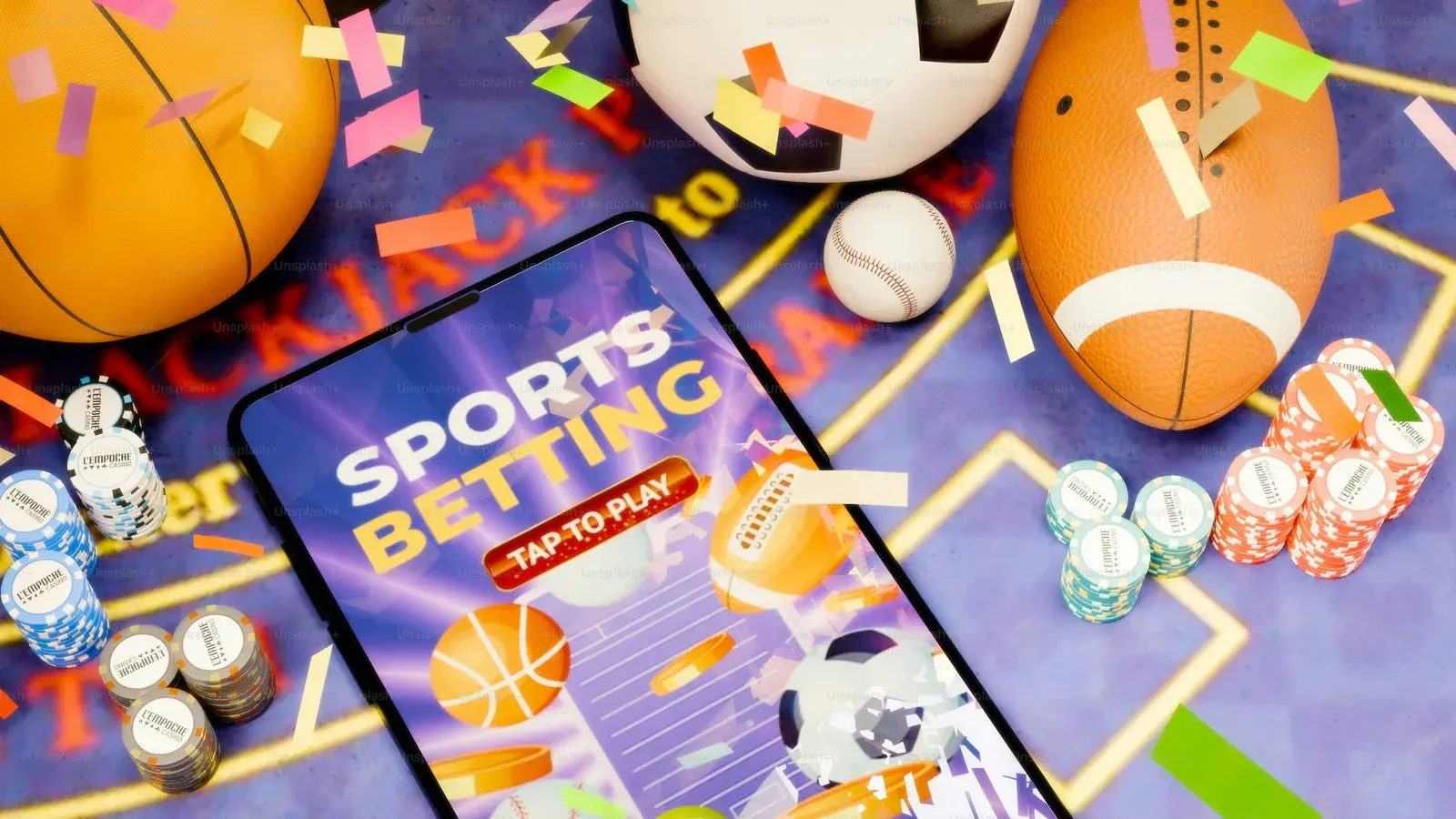 Phone showing a sports betting app among balls and dice
