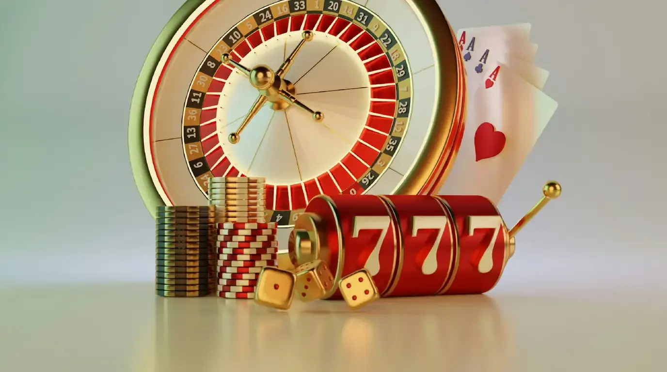 Render of a roulette wheel, playing cards, chips and a sevens slot