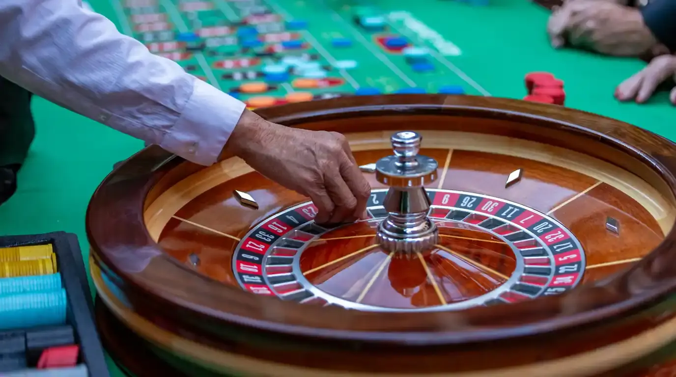 Dealer hand spinning a roulette wheel on green baize