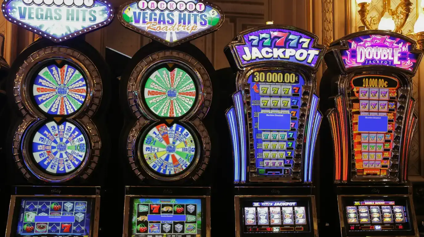 Four ornate casino slot machines including a Vegas Hits jackpot cabinet