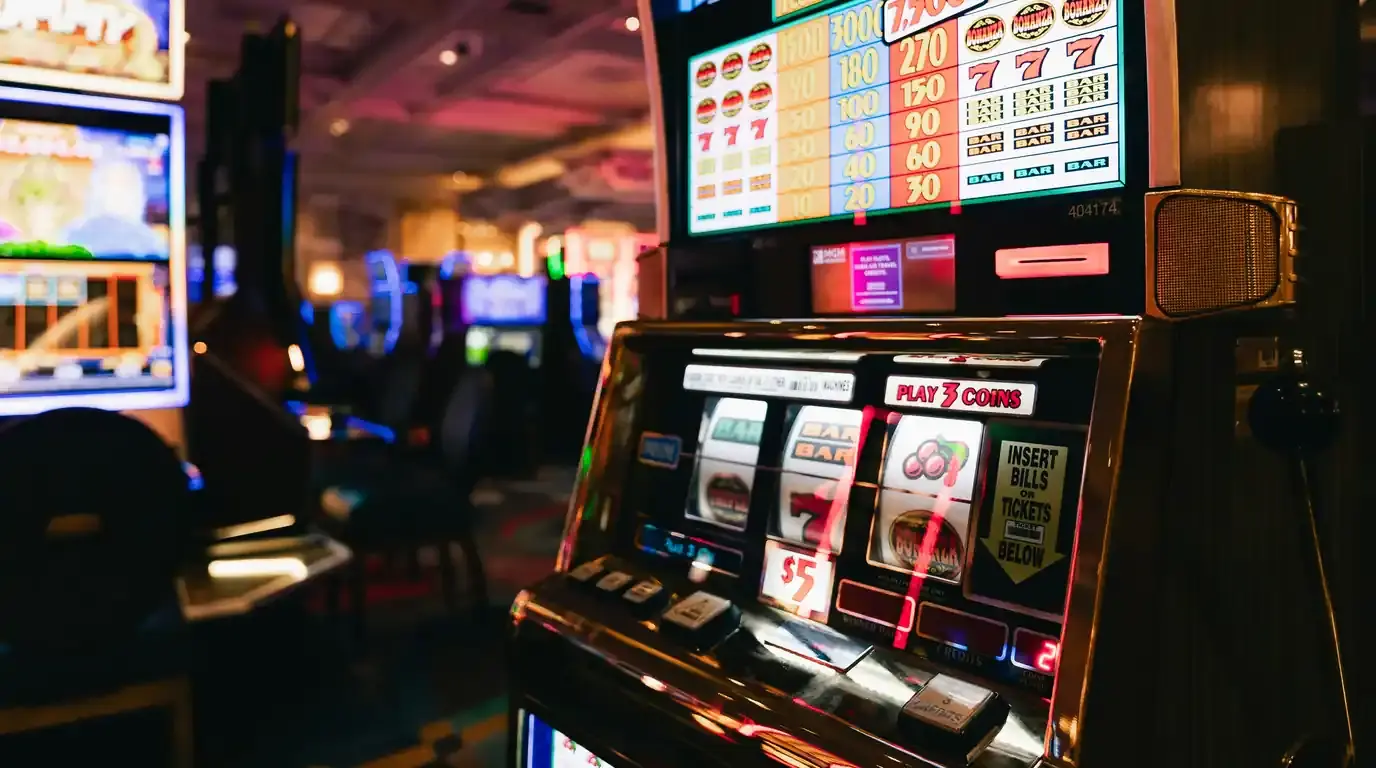 Slot machine paytable glowing in a dim casino aisle